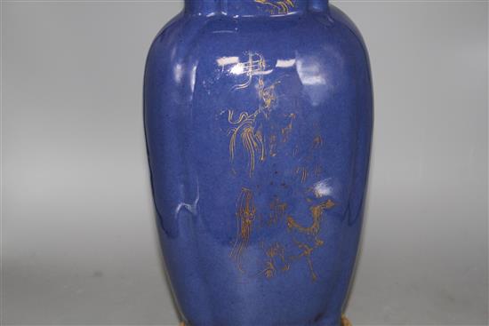 A Chinese blue glazed porcelain lamp base vase, height of the vase 38cm, overall height 62cm